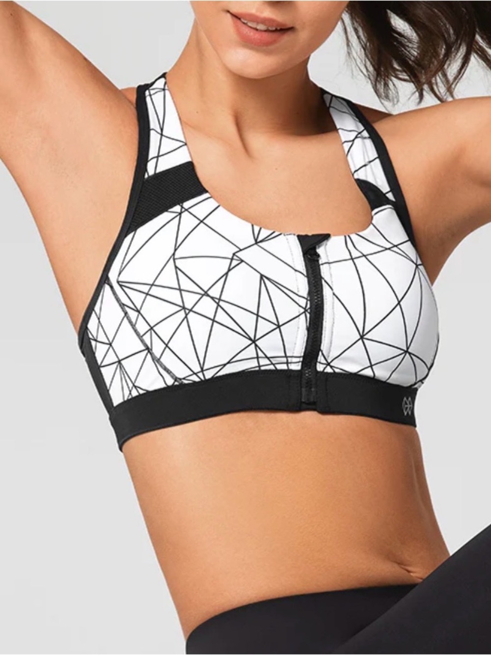 Yvette Enfold Zip Front Padded Running Bra Black/White Size 6 NWT IN PKG